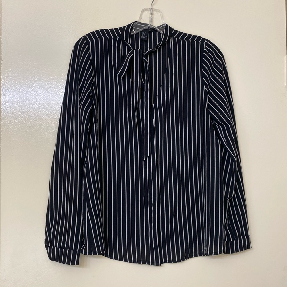 Black and white striped long sleeve button down blouse